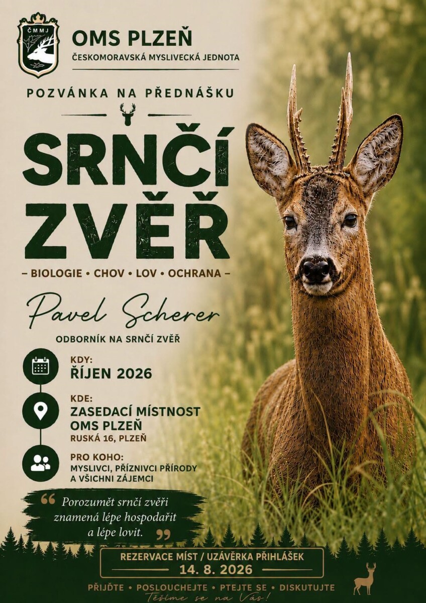 Pozvánka na přednášku o srnčí zvěři.